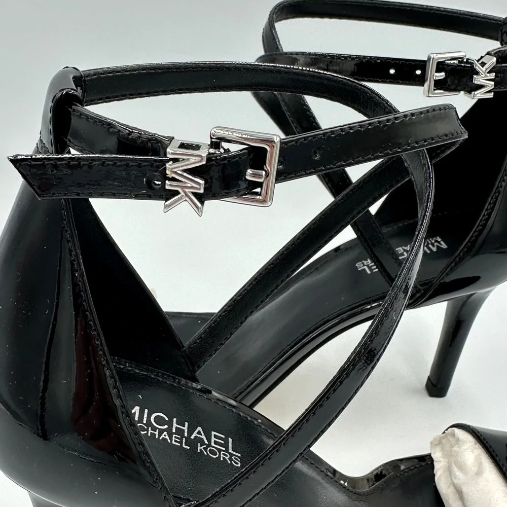 Michael Kors Ava Mid Sandal wmns 6 Black Patent Leather Stiletto Heel Sleek Chic